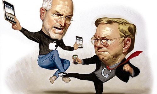 Ilustracija izvršnog direktora Applea Stevea Jobsa, lijevo, i izvršni direktor Googlea Eric Schmidt. Zasluge: Daniel Adel