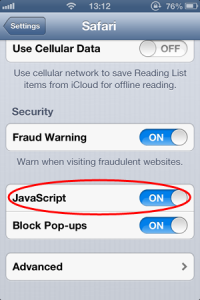 Как включить Java Script в Safari на iPad?