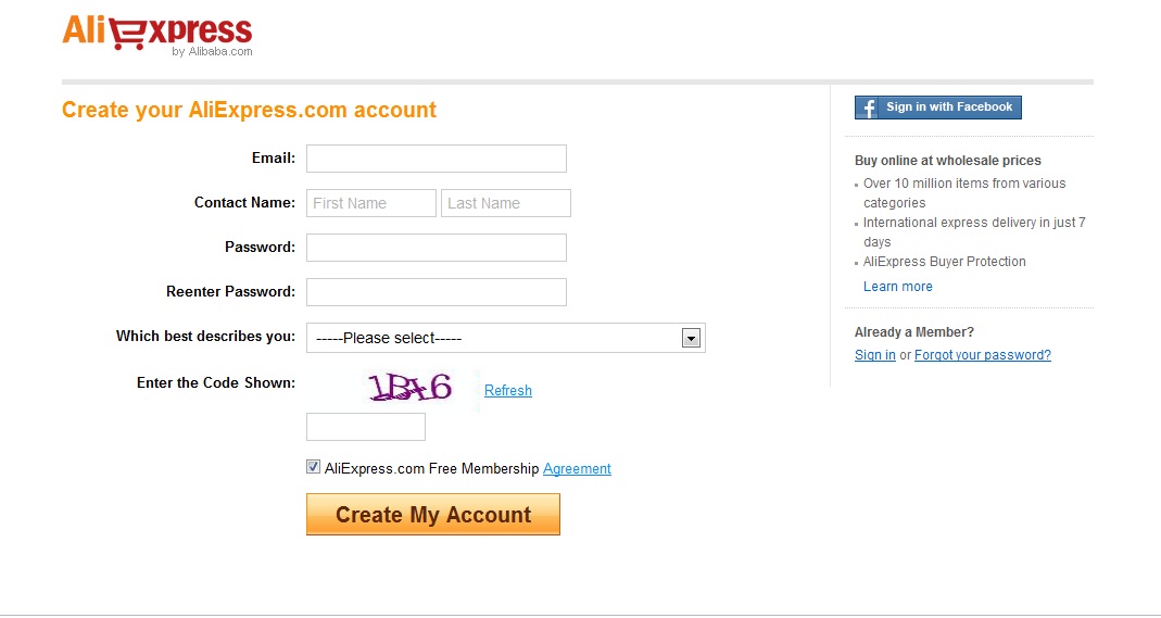 Registration form for aliexpress