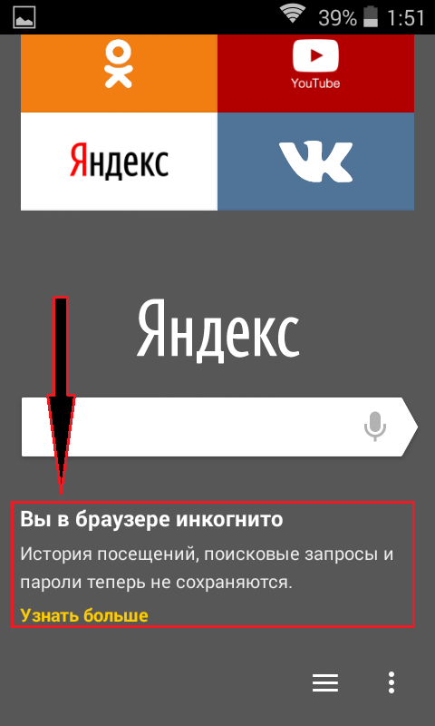 Рисунок 3. Как включить режим «Инкогнито» в «Яндекс.Браузере» на iPhone, iPad и устройствах с операционной системой Android?