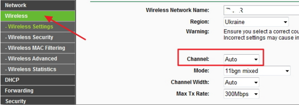 Figure 2. Réglage du canal de transmission Wi-Fi via l'interface du routeur