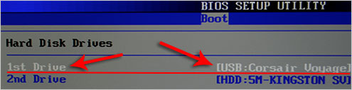 Imagen 10. Instalación de una computadora de inicio desde una unidad flash en el BIOS.