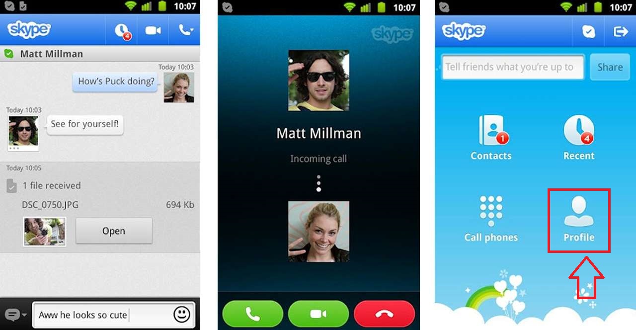 Натиснете профила в менюто Skype на телефона