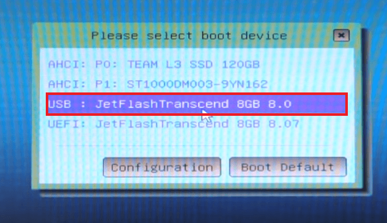 Image 7. Input to the boot menu and selection of the loading flash drive.