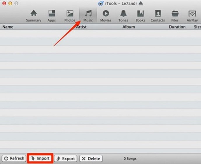 Image 9. Importing music from a computer to iOS devices using the iTools program.