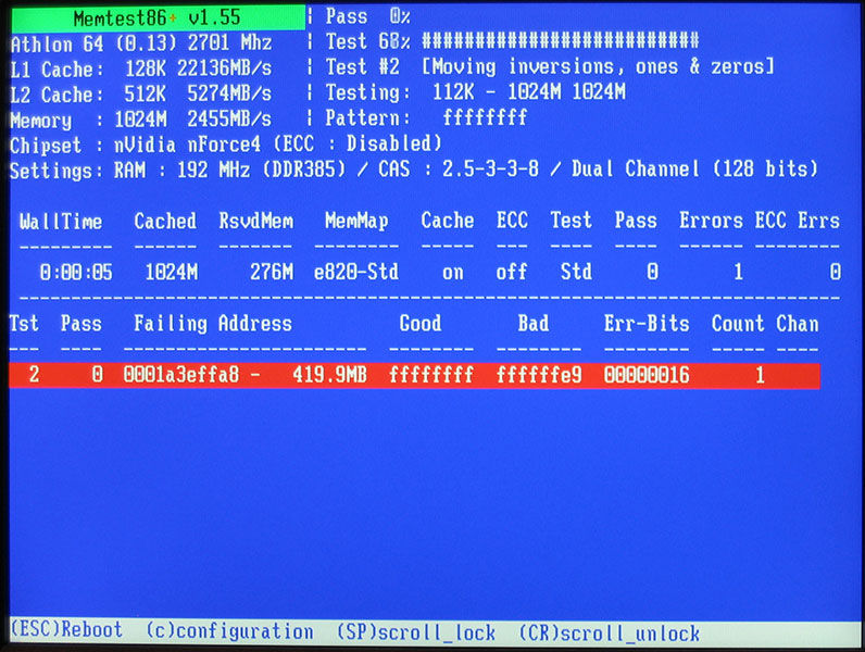 Imagen 2. La aparición de una pantalla azul que señala sobre el problema con la memoria RAM.