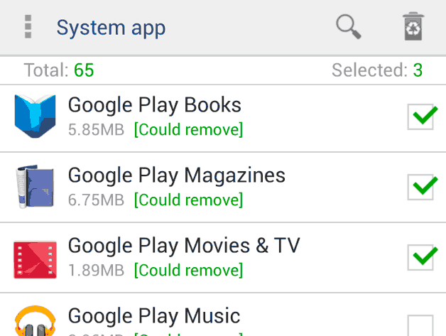 Image 7. Brisanje usluga Google Play i drugih standardnih Android aplikacija putem upravitelja datoteka Explorer.