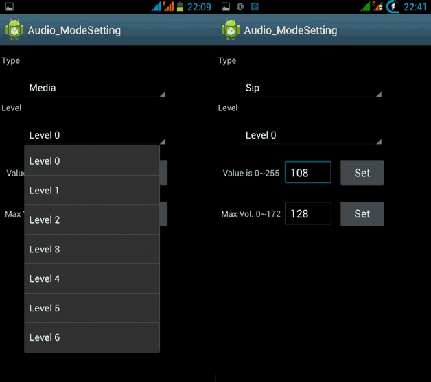 Bild 6. Beskrivning av mikrofonens känslighetsinställning och andra Android-ljudparametrar.